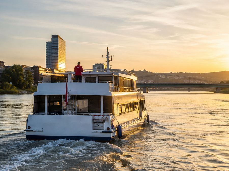 Weißes Donau-Fahrgastschiff bei Sonnenuntergang auf der Donau, im Hintergrund die Skyline von Linz