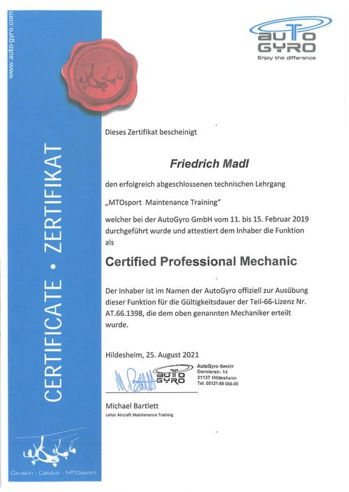Zertifikat der AutoGyro GmbH, das Friedrich Madl als Certified Professional Mechanic ausweist