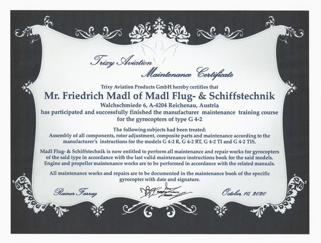 Trixy Aviation Maintenance Certificate für Friedrich Madl, Madl Flug- & Schiffstechnik, für Gyrocopter des Typs G 4-2